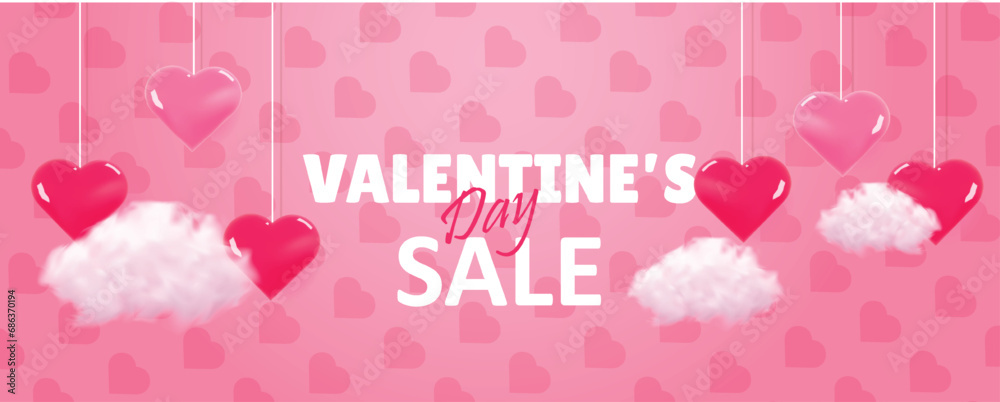 Happy Valentine's day poster or voucher. Background for sale with realistic cloud and heart. Valentines day store discount promotion. Vector illustration