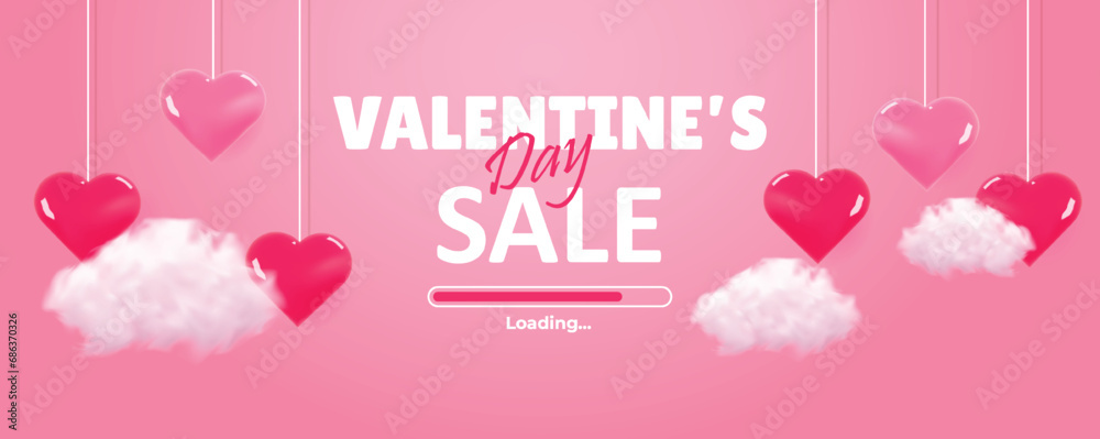 Happy Valentine's day loading poster or voucher. Background for sale with realistic cloud and heart. Valentines day store discount promotion. Vector illustration - obrazy, fototapety, plakaty 