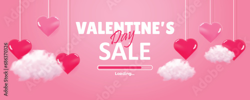 Happy Valentine's day loading poster or voucher. Background for sale with realistic cloud and heart. Valentines day store discount promotion. Vector illustration