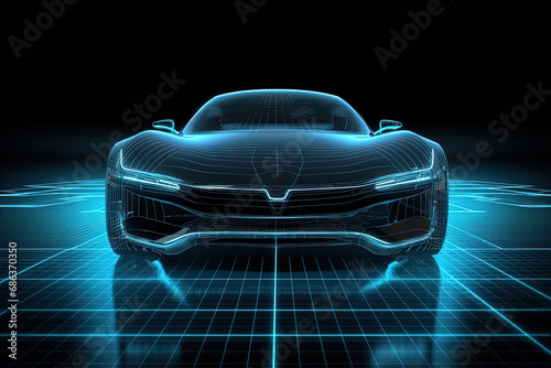Futuristic Car Design in Neon Wireframe