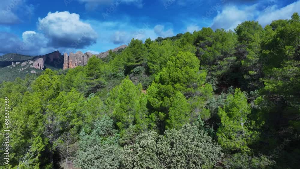 Landscape in the surroundings of Los Mallos and the town of Agüero. Aerial view from a drone. Hoya region of Huesca. Huesca. Aragon. Spain. Europe Landscape in the surroundings of Los Mallos and the town of Agüero. Aerial view from a drone. Hoya region of Huesca. Huesca. Aragon. Spain. Europe