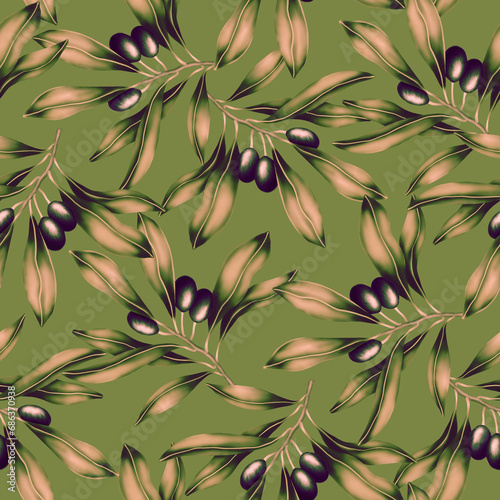 Seamless pattern with olive tree branch and leaves. Vivid print with beautiful botanical illustration. Repeated realistic high quality luxury design for packaging, cosmetic, fashion, textile.