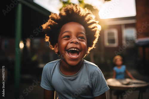Black child laughing at loud, outdoors in school playground, sunlight in the hair, playing, wearing a tshirt, intense expression playful smile, african american boy, thrilled, classmate, happy, warm photo