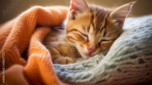 A sleepy-eyed kitten curled up in a soft, knitted blanket.