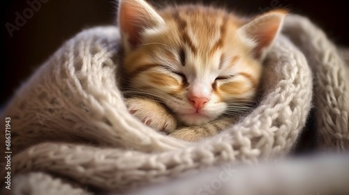 A sleepy-eyed kitten curled up in a soft, knitted blanket.