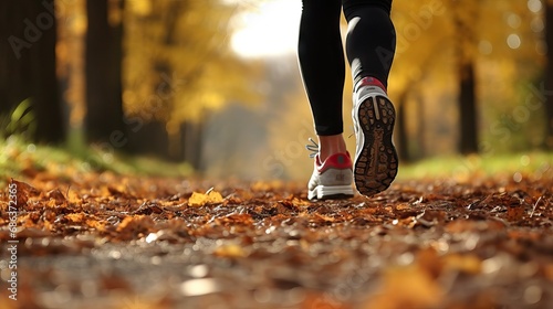 Feet of a jogger running in autumn leaves on the ground, copy space