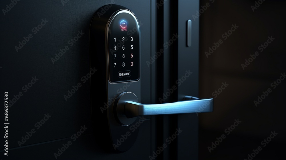 A smart door lock system with biometric access, ensuring secure entry to the home. - obrazy, fototapety, plakaty 