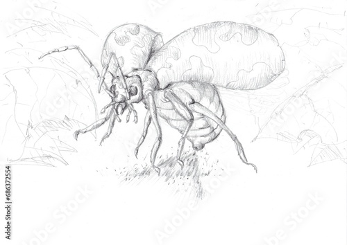 Fotografie Bombardier beetle free hand sketch by pencil.