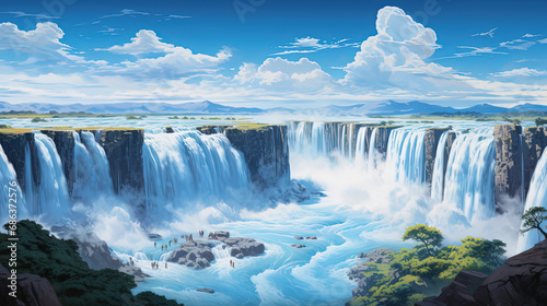 Expansive Waterfall Landscape with Blue Skies