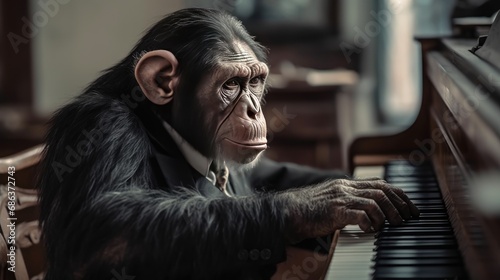 Chimpanzee playing the piano. Chimp. Chimpanzee. Evolution Concept
