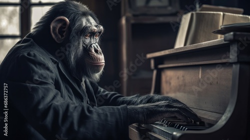 Portrait of a chimpanzee sitting at the piano and playing the instrument. Chimp. Chimpanzee. Evolution Concept