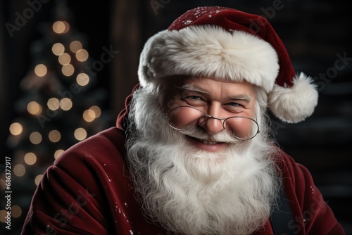 Portrait of happy and smiling Santa Claus in eyeglasses on blurred dark background