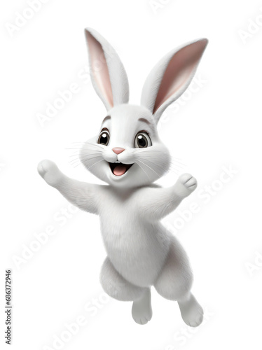 Cute happy white bunny jumping excited isolated cutout illustration on transparent