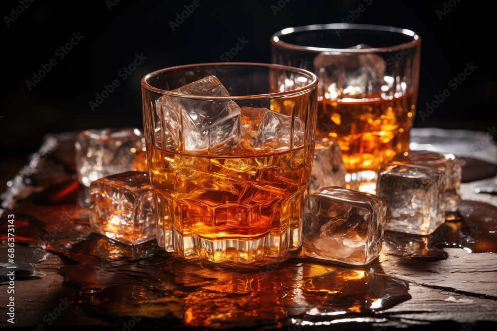 Whiskey on the rocks with ice cubes on a dark blurred background  on a wooden table in a bar