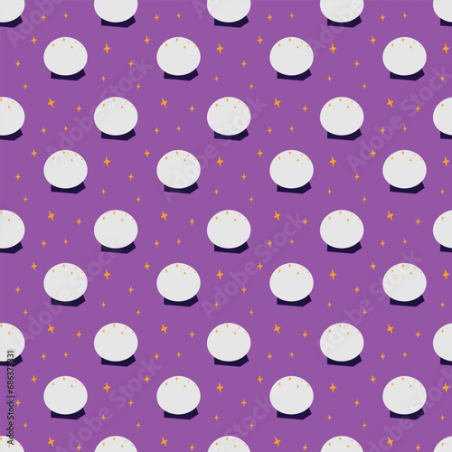 Seamless pattern of magic crystal ball for fortune telling with decorative stars. Happy magic day