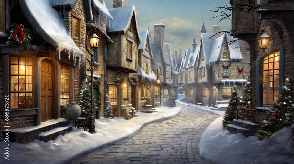 A snowy alley in a charming village, with quaint houses and street lamps lining the path, creating a winter wonderland.