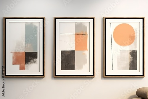 Three Abstract Art Pieces in Wooden Frames on a White Wall