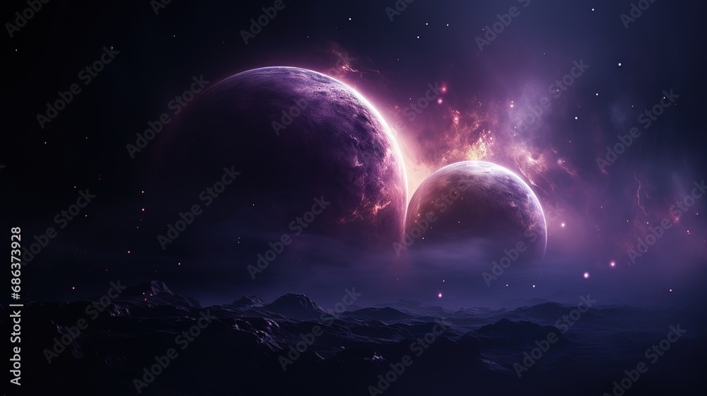 Futuristic Planetscape with Purple Glowing Planets and Stars
