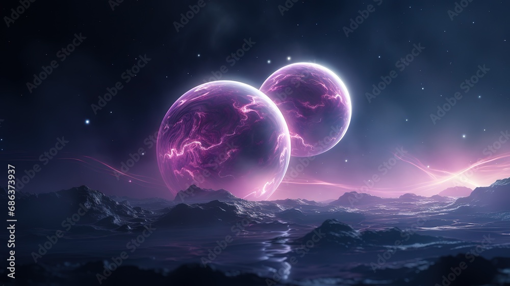 Futuristic Planetscape with Purple Glowing Planets and Stars - obrazy, fototapety, plakaty 