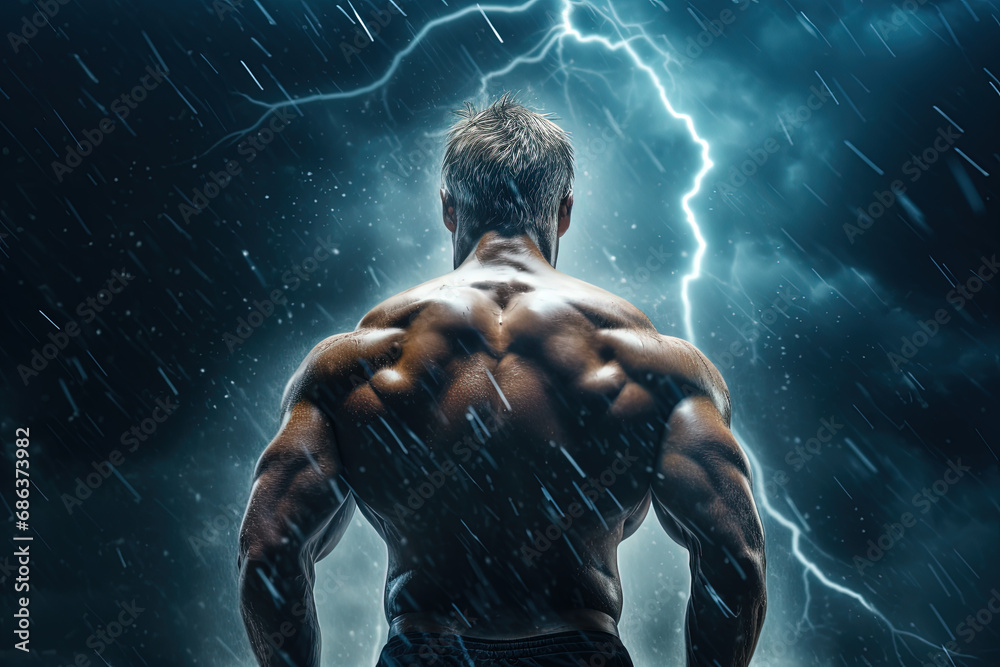 Muscular Man Facing a Lightning Storm

