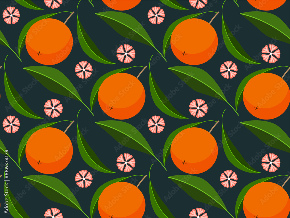tangerines with leaves and flowers seamless vector pattern, citrus design print tangerines with leaves and flowers seamless vector pattern, citrus design print