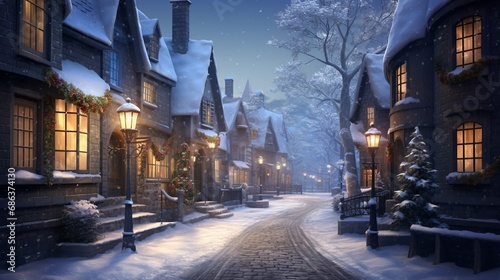A snowy alley in a charming village, with quaint houses and street lamps lining the path, creating a winter wonderland.