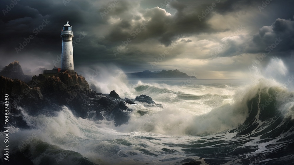 A solitary lighthouse on a rugged coastline, standing tall against crashing waves and a stormy sky in the background.