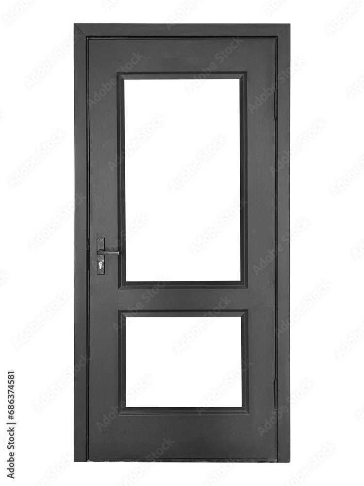 Dark wooden door with windows is isolated on transparent background. Dark wooden door with windows is isolated on transparent background.