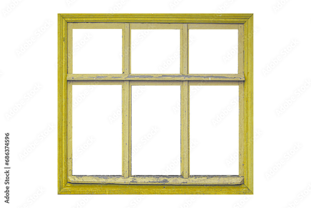 Old big yellow wooden window frame with six sashes isolated on transparent background. Old big yellow wooden window frame with six sashes isolated on transparent background.