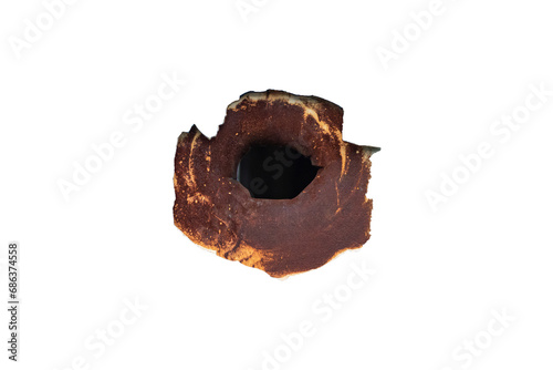 Bullet hole in metal is isolated on transparent background.