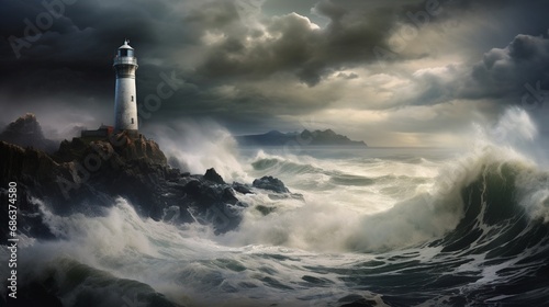 A solitary lighthouse on a rugged coastline  standing tall against crashing waves and a stormy sky in the background.
