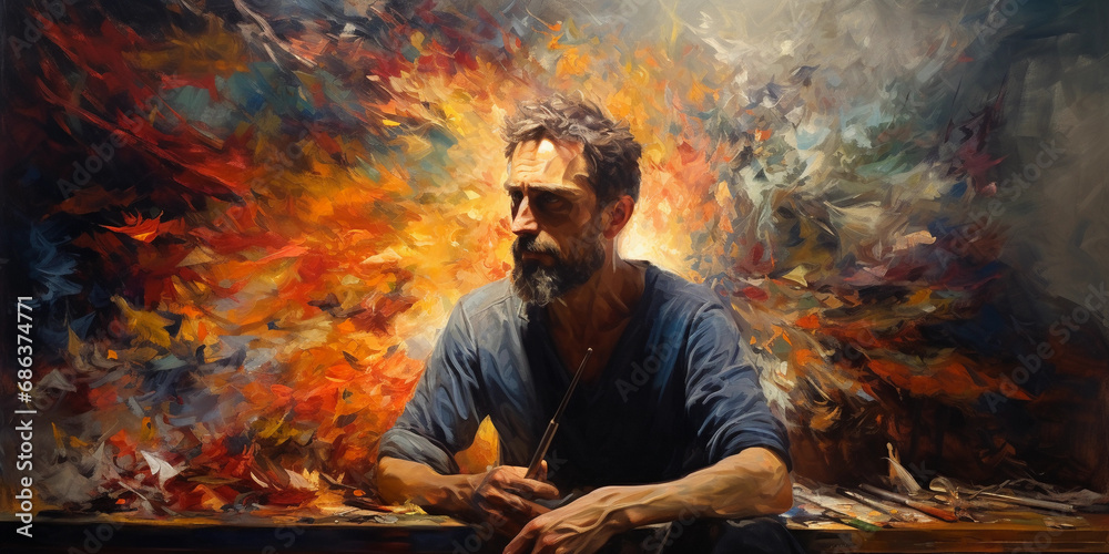 Impressionistic self-portrait, artist in the studio, dynamic strokes of oil paint