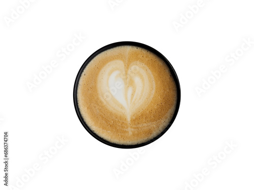 Top view of black paper disposable cappuccino cup with heart pattern on foam is isolated on transparent background.