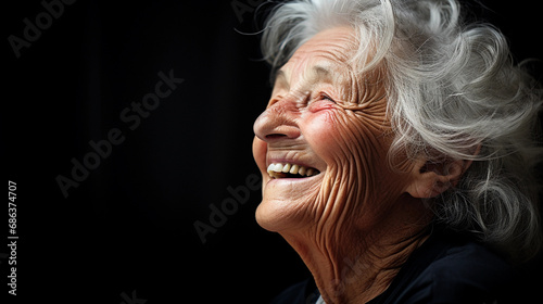 elderly woman, silver hair, deep laugh lines, bright, wise eyes