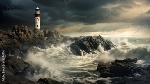 A solitary lighthouse on a rugged coastline, standing tall against crashing waves and a stormy sky in the background.