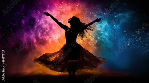 Silhouette of a woman dancing against cosmic backdrop of fiery nebulas and stardust. Concept of mystical spiritual dance, freedom, energy and mystery. dance rhythm of soul spirit