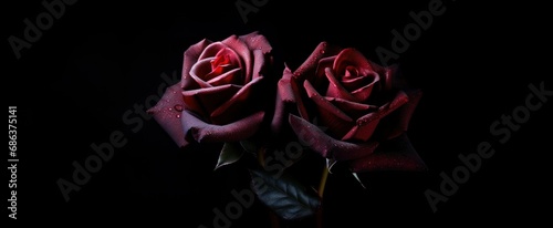 Dark red roses on black background, web banner. Mourning moody flowers card. Funeral symbol. Mood and Condolence card concept