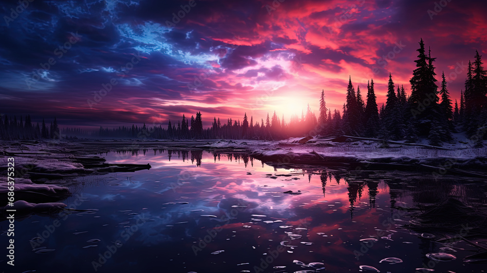 Fototapeta premium Aurora Borealis Reflection on a Forest Lake