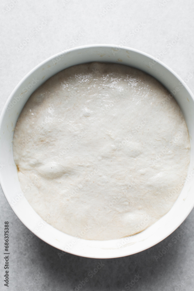 Focaccia dough in a white bowl, process of making focaccia, dough rising in a white mixing bowl Focaccia dough in a white bowl, process of making focaccia, dough rising in a white mixing bowl