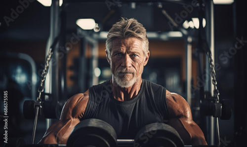 Mature older man doing weight training in gym.