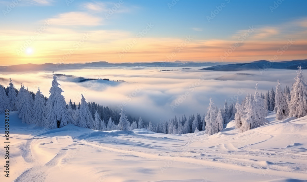 Dawn breaks over a serene snowy landscape, with ski tracks leading into the wilderness.