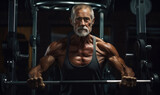 Mature older man doing weight training in gym.