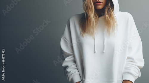 Young beautiful girl in a white hoodie posing. Warm oversized hoodie with an hood. Stylish trendy hipster bow. Trying on clothes in a store. Youth subculture. Fashion clothing. Generated AI photo