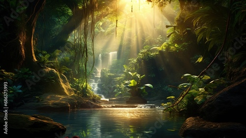 A beautiful fairytale enchanted jungle rainforest with sunbeams. Enchanted tropical rain forest photo