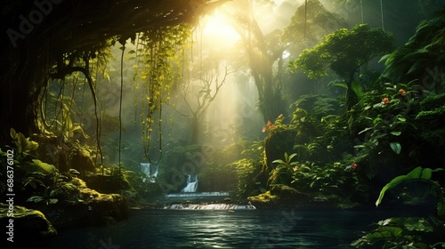 A beautiful fairytale enchanted jungle rainforest with sunbeams. Enchanted tropical rain forest