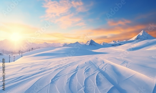 Dawn breaks over a serene snowy landscape, with ski tracks leading into the wilderness.