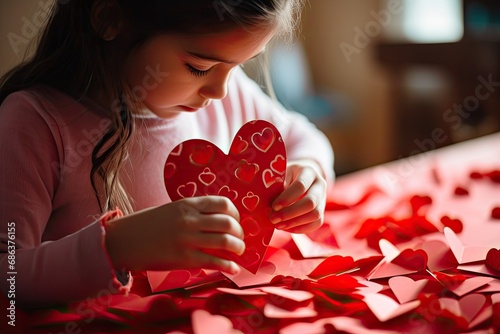 Kid making heart-shaped Valentine's card photo