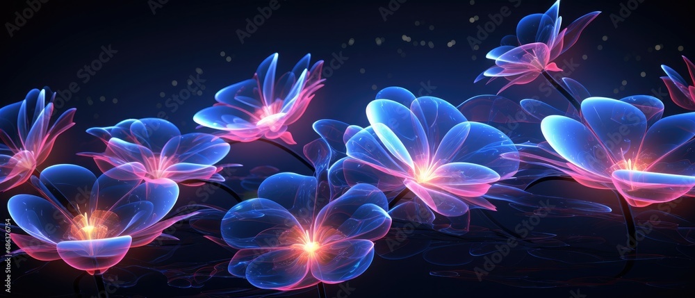 Fototapeta premium Illuminated neon flowers on dark background. Fantasy floral design.