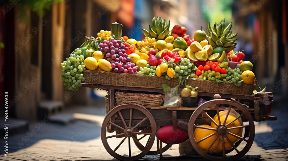 A street vendor's cart with fresh fruits and snacks, adding a burst of color to a busy urban sidewalk.
