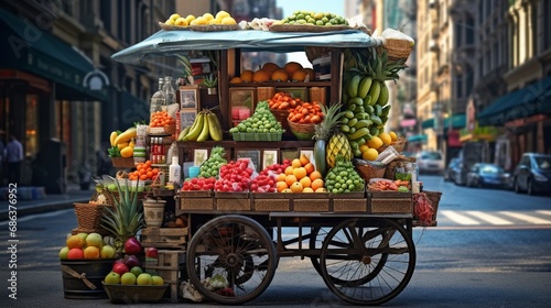 A street vendor's cart with fresh fruits and snacks, adding a burst of color to a busy urban sidewalk. photo